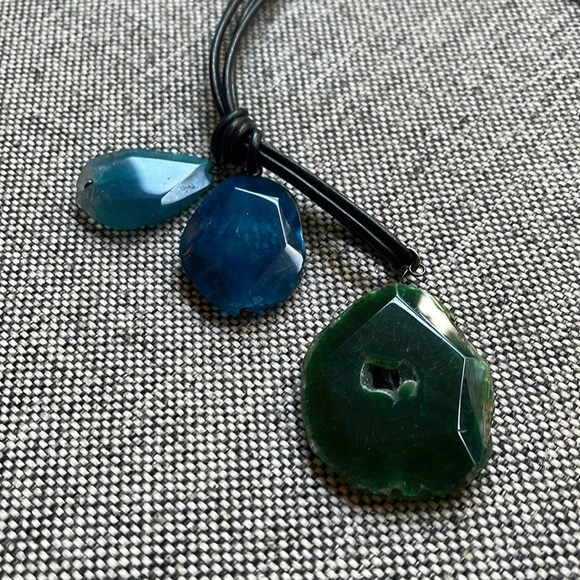 Handmade Blue and Green Stone Necklace with brown cord , Made in Athens, Greece - Picture 11 of 17